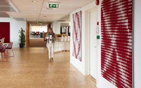 akustikmoduler i rød og hvid filt hos Tryg Oslo (1)